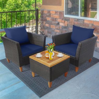 Costway 3 Pieces Patio Rattan Bistro Furniture Set with Wooden Table Top-Navy. View a larger version of this product image.