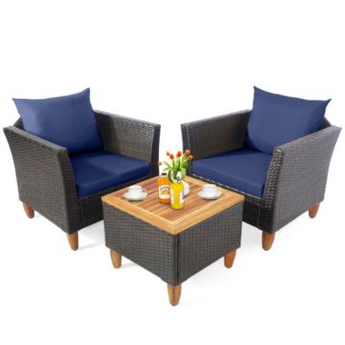 Costway 3 Pieces Patio Rattan Bistro Furniture Set with Wooden Table Top-Navy. View a larger version of this product image.
