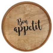 Elegant Designs Decorative 13.75" Round Wood Serving Tray with Handles, "Bon Appetit"