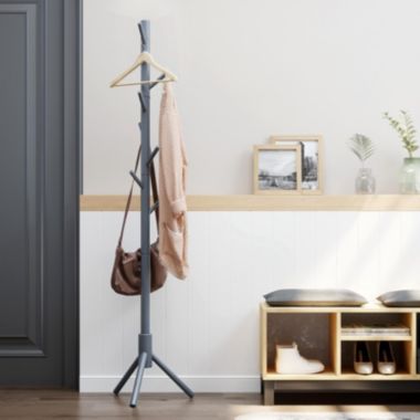 VASAGLE Coat Rack with 8 Hooks, Solid Wood Coat Tree Free Standing, 18.5 Inch Dia Base, for Clothes, Hats, Handbags, Umbrella, Gray. View a larger version of this product image.