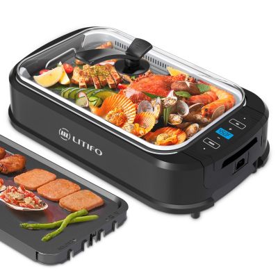Litifo Smokeless Grill and Griddle, 2 Cooking Plates Included, Portable, Electric, Non-Stick Coating, Removable Dishwasher-Safe Plates and Drip Tray, Tempered Glass Lid, Up to 460&deg;, Black