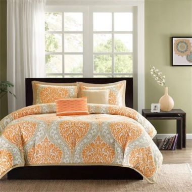 Slickblue California King size 5-Piece Comforter Set in Orange Damask Print. View a larger version of this product image.