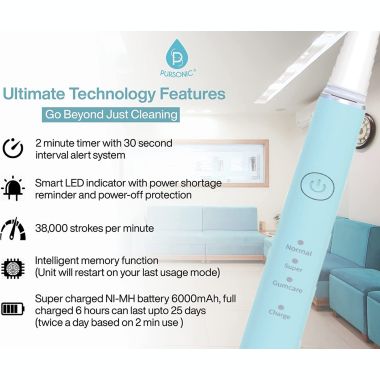 Pursonic Whitening USB Rechargeable Sonic Toothbrush-12 Brush Heads!- 38,000 Brush Strokes Per Minute-3 Brushing Modes with 2 Minute Auto Timer (Green). View a larger version of this product image.