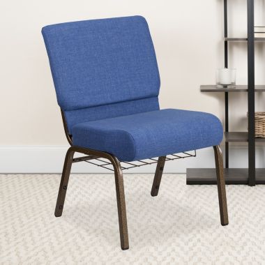 Flash Furniture HERCULES Series 21''W Church Chair in Blue Fabric with Cup Book Rack - Gold Vein Frame. View a larger version of this product image.