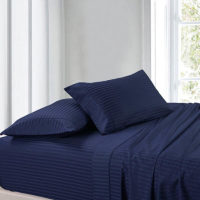 Egyptian Cotton High Deep Pocket Cushy Bed Sheet Navy Blue Striped Choose Item 