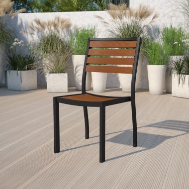 Flash Furniture Lark Outdoor Stackable Side Chair with Faux Teak Poly Slats. View a larger version of this product image.