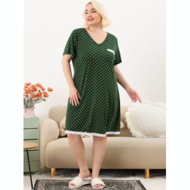 Agnes Orinda Women's Plus Size Nightgown Polka Dots Short Sleeve Pajamas Nightgowns, Leisure Polyester Round Neck Baby doll Sleepwear Cami Dress, 4X Dark Green. View a larger version of this product image.