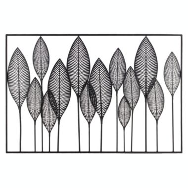 Urban Trends Collection Metal Wall Art of Leaves with Frame in Landscape Orientation Metallic Finish Black. View a larger version of this product image.