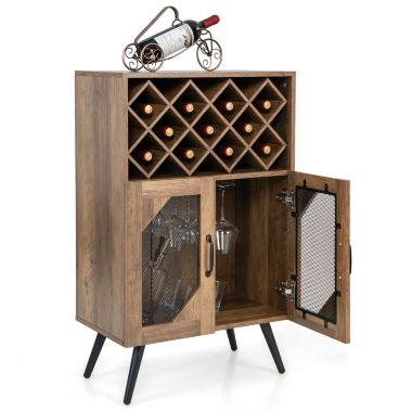 Slickblue 2-Door Farmhouse Kitchen Storage Bar Cabinet with Wine Rack and Glass Holder-Rustic Brown. View a larger version of this product image.