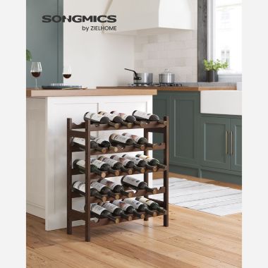 SONGMICS 30-Bottle Wine Rack, 5-Tier Freestanding Floor Bamboo Wine Holder, Display Stand Shelves, Wave Bars, Walnut Color. View a larger version of this product image.