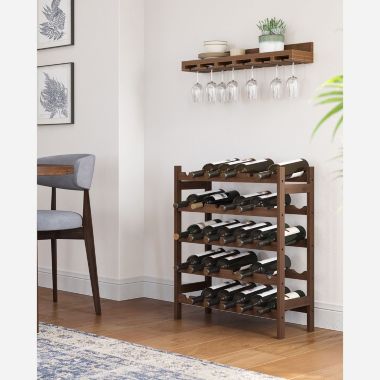 SONGMICS 30-Bottle Wine Rack, 5-Tier Freestanding Floor Bamboo Wine Holder, Display Stand Shelves, Wave Bars, Walnut Color. View a larger version of this product image.