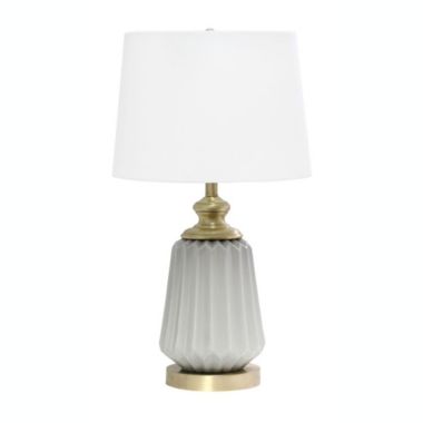 Lalia Home 25" Classic Fluted Ceramic And Metal Table Lamp With White Fabric Shade For Bedside Desk Foyer Endtable Dresser Dining Room, Gray. View a larger version of this product image.
