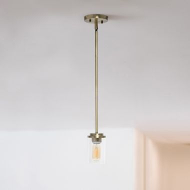 Lalia Home 1-Light 5.75" Minimalist Industrial Farmhouse Adjustable Hanging Clear Cylinder Glass Pendant Fixture , Antique Brass. View a larger version of this product image.