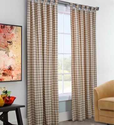 Plow & Hearth 95"L x 80"W Thermalogic Check Tab-Top Curtain Pair, in Wheat