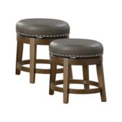 Lazzara Home Paran 19.5 in. Brown Backless Wood Frame Round Swivel Dining Bar Stool with Gray Faux Leather Seat (Set of 2)
