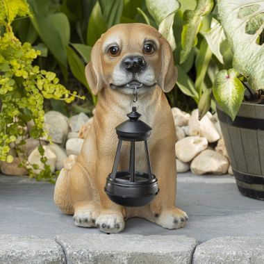 VP Home Golden Puppy with Lantern Solar Powered LED Outdoor Decor Garden. View a larger version of this product image.