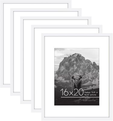 Americanflat 16x20 Picture Frame in White - Displays 11x14 With Mat and 16x20 Without Mat - Set of 5 Frames with Sawtooth Hanging Hardware For Horizontal and Vertical Display