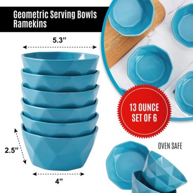 Bruntmor Bake And Serve 6-Pack Geometric Matte 13 Oz Oven Safe Ceramic Cereal Dessert Bowls for Baking, Souffl√©, Ice Cream, Snack, Set of 6 serving Bowls, Blue. View a larger version of this product image.