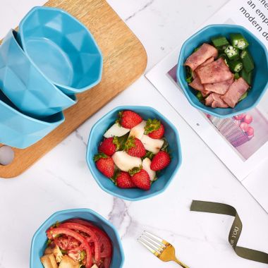 Bruntmor Bake And Serve 6-Pack Geometric Matte 13 Oz Oven Safe Ceramic Cereal Dessert Bowls for Baking, Souffl√©, Ice Cream, Snack, Set of 6 serving Bowls, Blue. View a larger version of this product image.