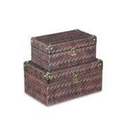 Cheungs Home Decorative Set of 2 Woven Brown Vinyl Pattern Boxes with Front Buckle and Bronze Corners