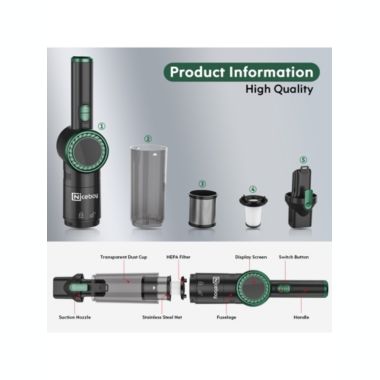 Nicebay Portable Rechargeable Handheld Cordless Vacuum with 15KPA Strong Suction, LED Display and Fast Charging Dock, for Car, Pets and Home. View a larger version of this product image.