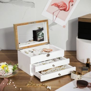 SONGMICS 3-Tier Jewelry Box, Wooden Jewelry Organizer, Jewelry Storage with Drawers, Velvet Lining, Engineered Wood, for Rings, Earrings, Bracelets, Necklaces, White. View a larger version of this product image.