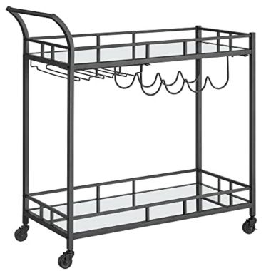 VASAGLE Bar Cart Black, Home Bar Serving Cart, Wine Cart with 2 Mirrored Shelves, Wine Holders, Glass Holders, for Kitchen, Dining Room, Black. View a larger version of this product image.