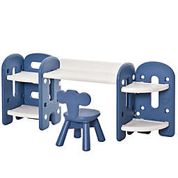 Qaba Kids Table and Chair Set, Activity Desk with Bookshelf & Storage for Study, Activities, Arts, or Crafts, Blue and White