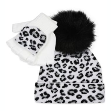 Fab Big Girl's 2 Pc Leopard Print Hat & Glittens Set White Combo One Size. View a larger version of this product image.