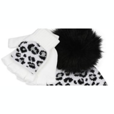 Fab Big Girl's 2 Pc Leopard Print Hat & Glittens Set White Combo One Size. View a larger version of this product image.