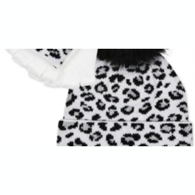 Fab Big Girl's 2 Pc Leopard Print Hat & Glittens Set White Combo One Size. View a larger version of this product image.