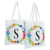 Okuna Outpost Set of 2 Reusable Monogram Letter S Personalized Canvas Tote Bags for Women, Floral Design (29 Inches)