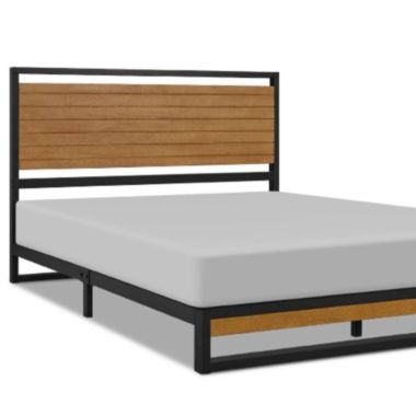 Slickblue Queen size Modern Metal Platform Bed Frame with Solid Brown Wood Slatted Headboard. View a larger version of this product image.