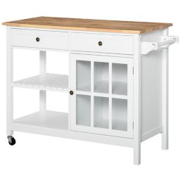 HOMCOM Kitchen Island Utility Storage Trolley Cart with Rubber Wood Top, Towel Rack, 2 Cabinets & Drawers for Dining Room, White