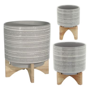 Kingston Living 9.25" Gray and Brown Brushed Ceramic Planter on Stand. View a larger version of this product image.