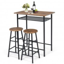 Costway 3 Pieces Bar Table Set with 2 Stools-Dark Walnut