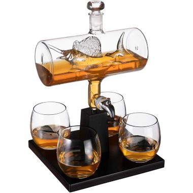 Sailfish Whiskey Decanter Dispenser and 4 Liquor Glasses - Whisky Decanter & Glass Set. View a larger version of this product image.
