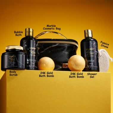 Deluxe Noir Bath and Body Kit with 24 Karate Gold Bath Bombs - Relaxing Spa Bag. View a larger version of this product image.