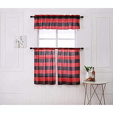 MarCielo 3 Piece Red Buffalo Kitchen Curtain With Swag and Tier Window Treatment Set. View a larger version of this product image.