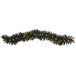 Nearly Natural 6'H Snow Tipped Extra Wide Artificial Christmas Garland with Pinecones, Berries and 100 Multicolor LED Lights