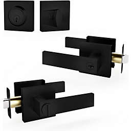 Entry Lever Door Handle and Single Cylinder Deadbolt Lock and Key Combo Pack - Heavy Duty Square Locking Lever Set for Left or Right-Handed Doors - Interior/Exterior Door Levers in Matte Black Finish