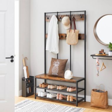 VASAGLE Vintage Coat Rack Shoe Bench, Hall Tree Entryway Storage Shelf, Large Size, Wood Look Accent Furniture with Metal Frame, Easy Assembly. View a larger version of this product image.