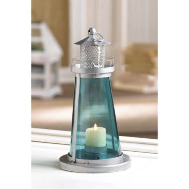 Zingz & Thingz 10" Blue and Silver Contemporary Lighthouse Candle Lantern. View a larger version of this product image.
