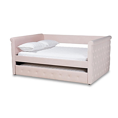 Baxton Studio Amaya Modern And Contemporary Light Pink Velvet Fabric Upholstered Full Size Daybed With Trundle - Light Pink. View a larger version of this product image.