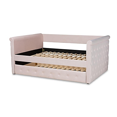 Baxton Studio Amaya Modern And Contemporary Light Pink Velvet Fabric Upholstered Full Size Daybed With Trundle - Light Pink. View a larger version of this product image.