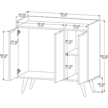 Discount Trends  Classic Nordic Scandinavian Buffet Sideboard with 3 doors and wood legs. View a larger version of this product image.