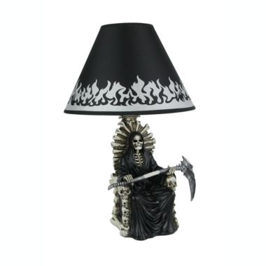 DWK Shadow of Judgement Grim Reaper on Throne Table Lamp and Fabric Flame Shade Gothic Décor. View a larger version of this product image.