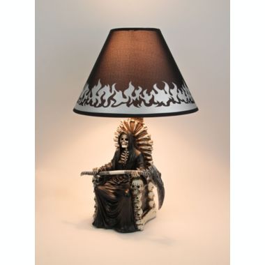 DWK Shadow of Judgement Grim Reaper on Throne Table Lamp and Fabric Flame Shade Gothic Décor. View a larger version of this product image.