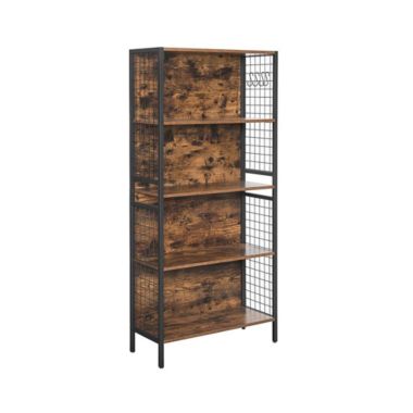 VASAGLE Bookcase, Office Storage Shelf, 4 Tiers for Books, Decorations, Stable Steel Frame, S-Shaped Hooks for Hanging, Living Room, Studio, Bedroom, Rustic Brown and Black. View a larger version of this product image.