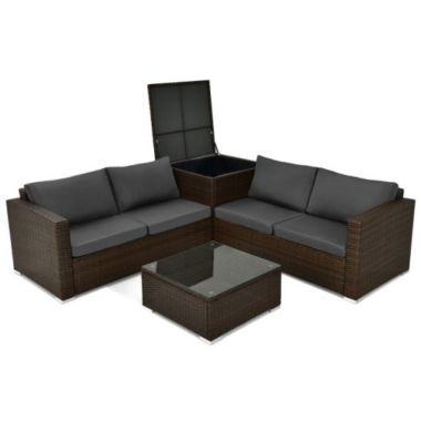 Costway 4 Pieces Patio Rattan Cushioned Furniture Set with Armrest and Storage Box-Brown. View a larger version of this product image.